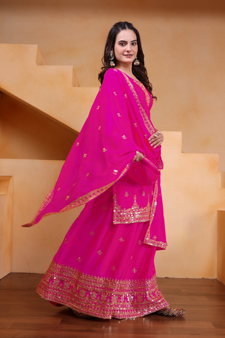 Lehenga Mart Designer Chinnon Embroidered Sharara Suit-Pink
