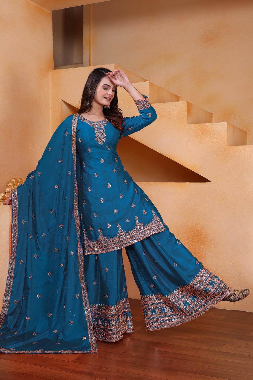 Prazu Fashion Firozi Chinon Silk Sequin Embroidered Sharara Suit - Distacart