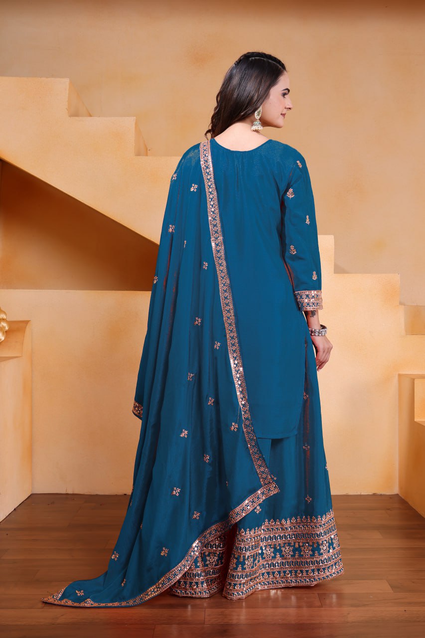 Prazu Fashion Firozi Chinon Silk Sequin Embroidered Sharara Suit - Distacart