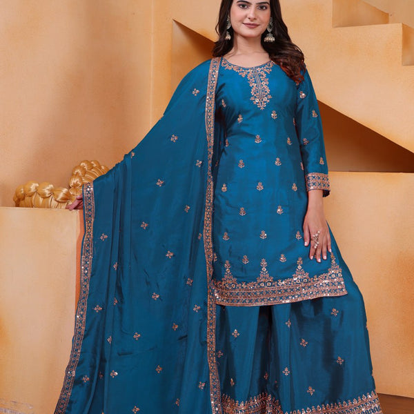 Prazu Fashion Firozi Chinon Silk Sequin Embroidered Sharara Suit - Distacart
