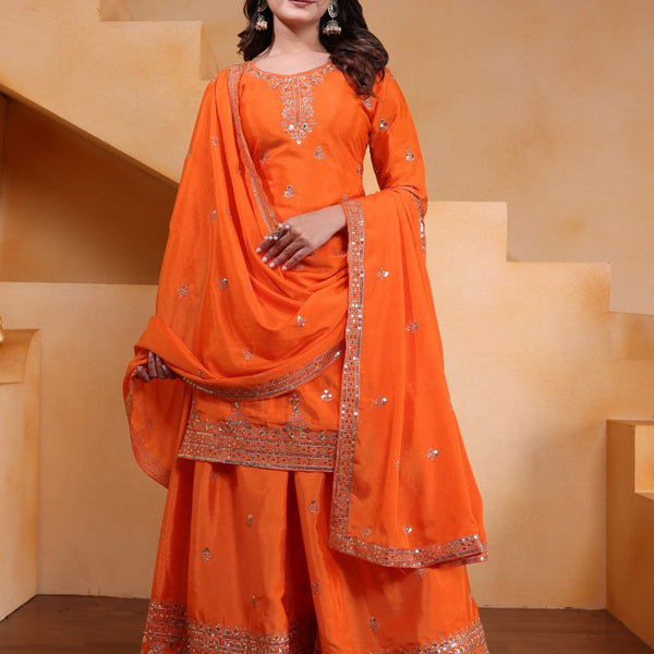 Prazu Fashion Orange Chinon Silk Sequin Embroidered Sharara Suit - Distacart