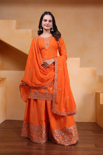 Thumbnail for Prazu Fashion Orange Chinon Silk Sequin Embroidered Sharara Suit - Distacart
