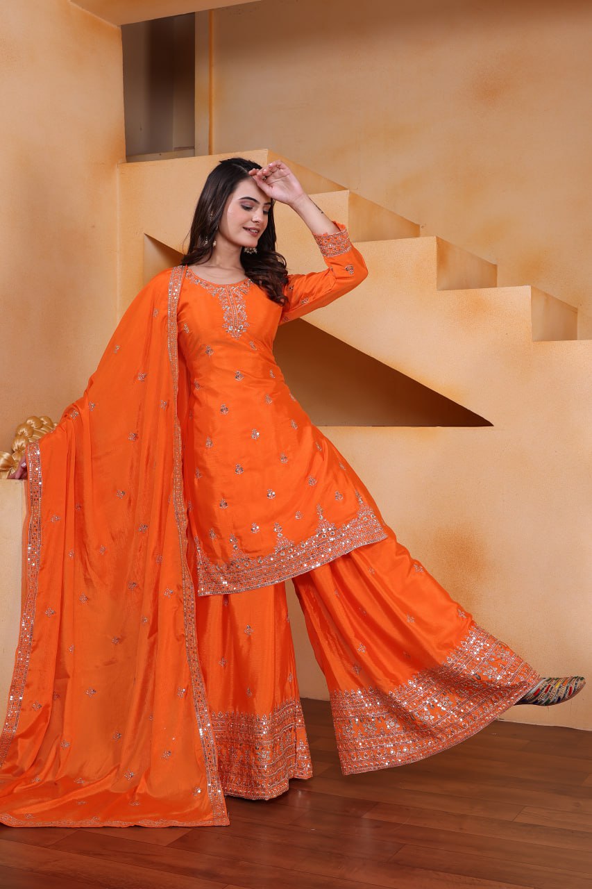 Prazu Fashion Orange Chinon Silk Sequin Embroidered Sharara Suit - Distacart