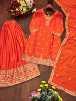 Thumbnail for Prazu Fashion Orange Chinon Silk Sequin Embroidered Sharara Suit - Distacart