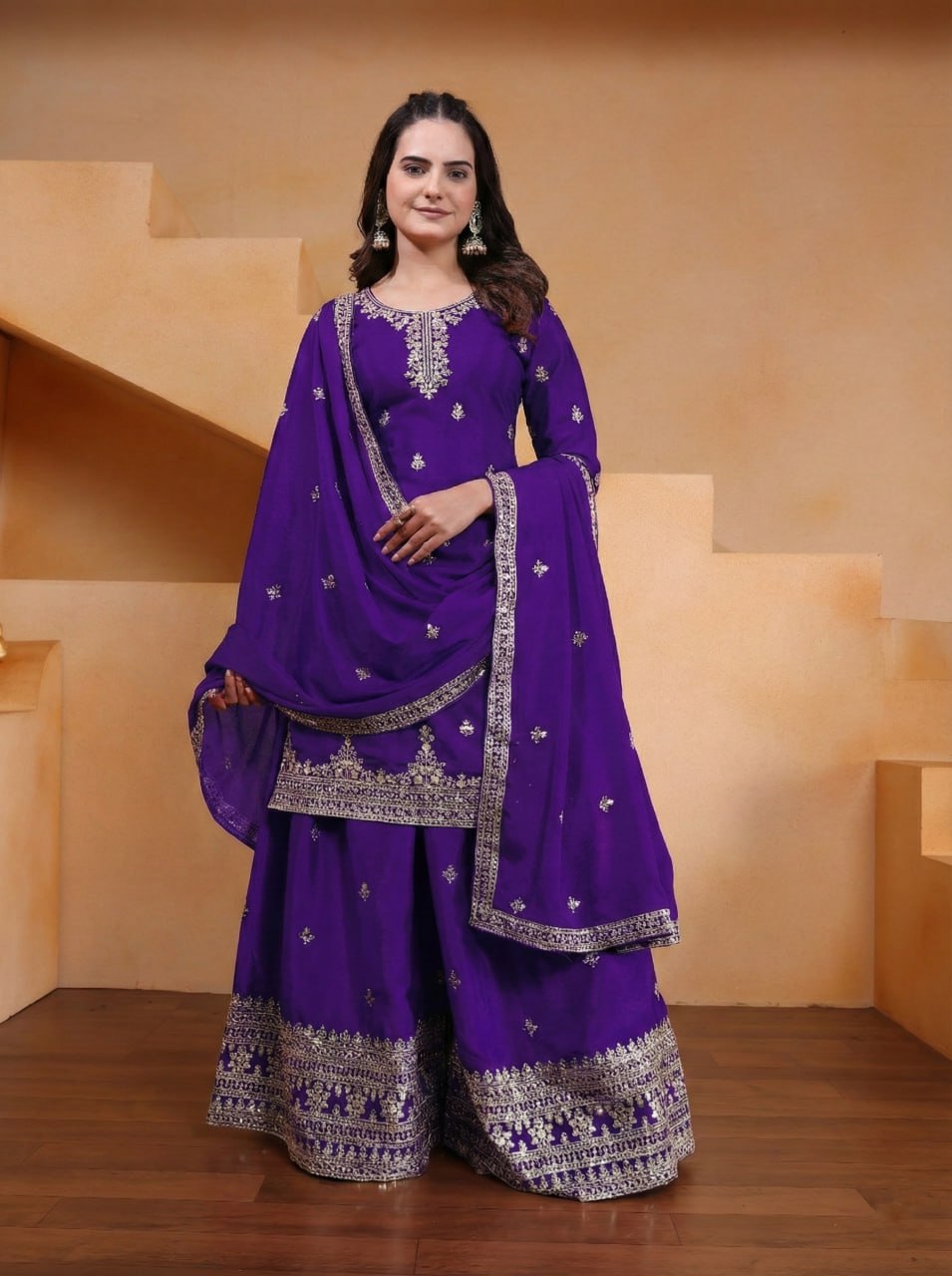 Prazu Fashion Royal Purple Chinon Silk Sequin Embroidered Sharara Suit - Distacart
