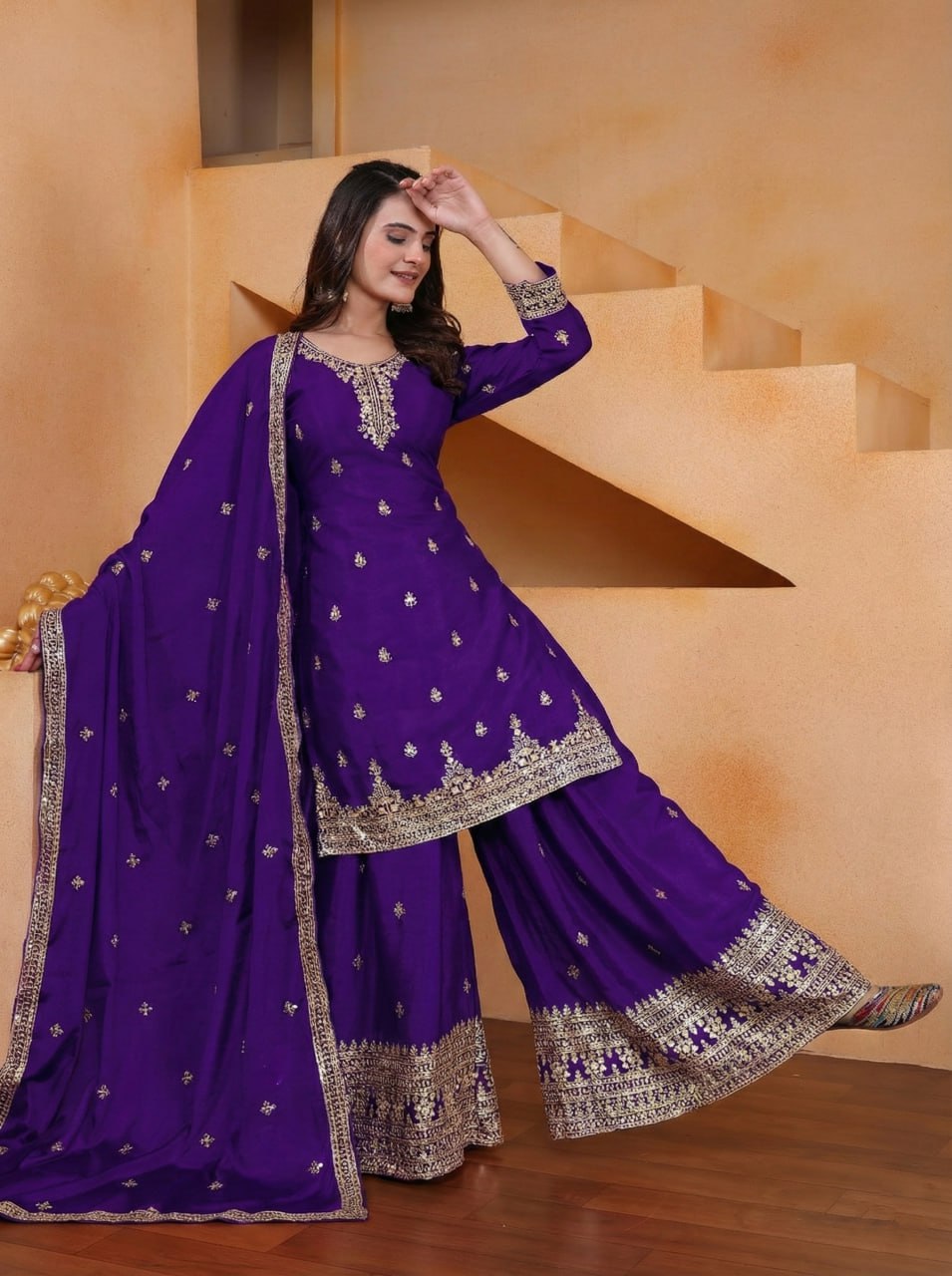 Prazu Fashion Royal Purple Chinon Silk Sequin Embroidered Sharara Suit - Distacart