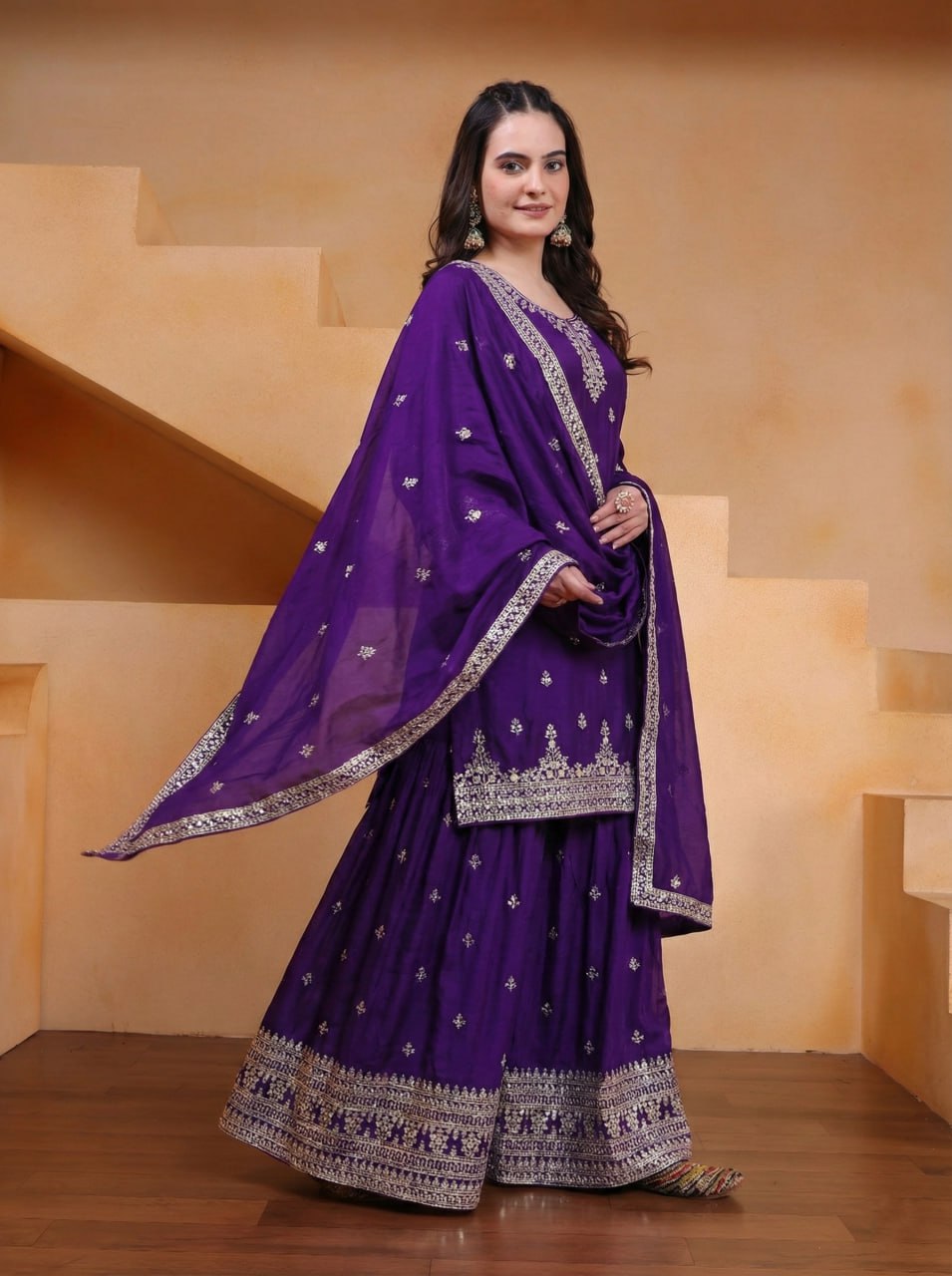 Prazu Fashion Royal Purple Chinon Silk Sequin Embroidered Sharara Suit - Distacart