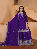 Thumbnail for Prazu Fashion Royal Purple Chinon Silk Sequin Embroidered Sharara Suit - Distacart