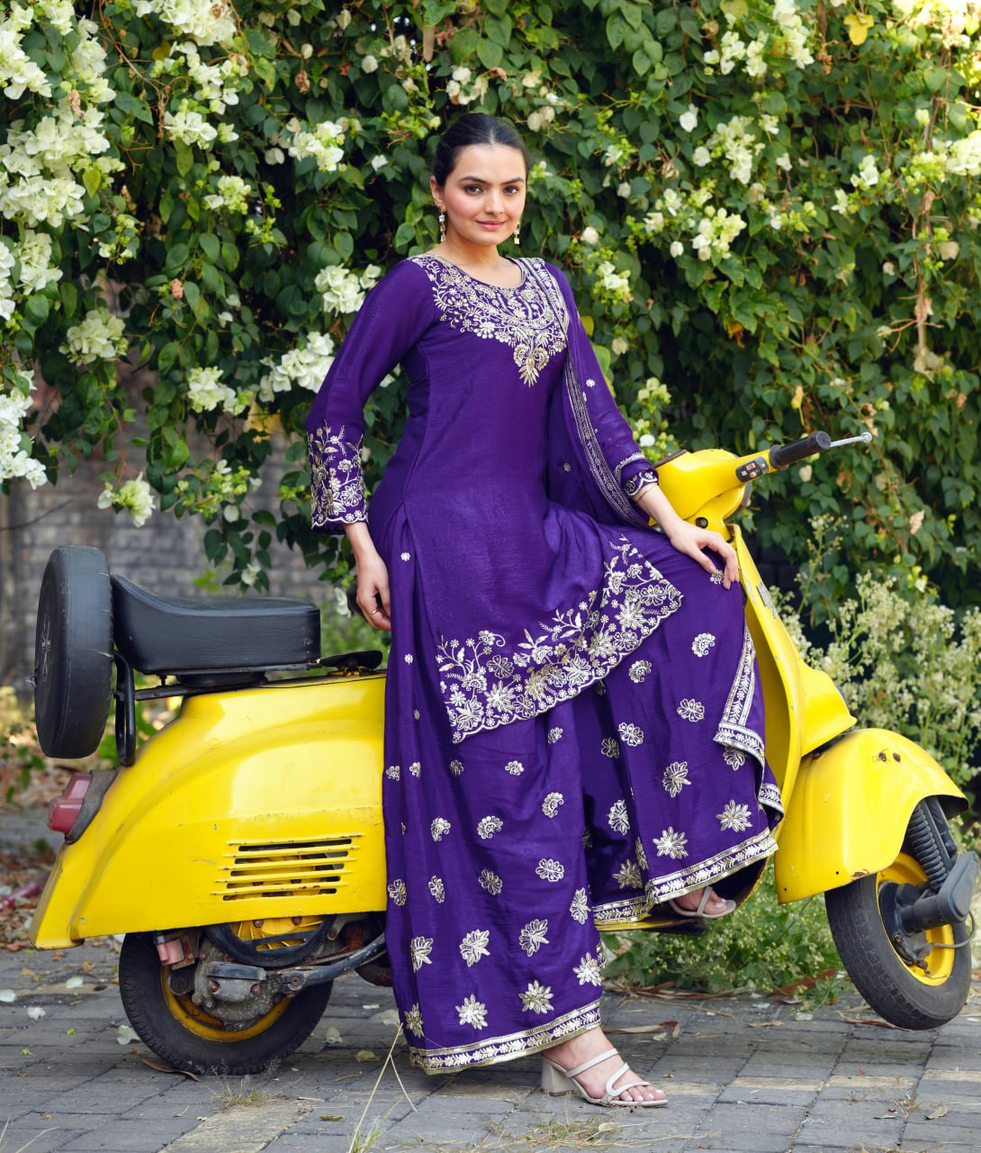 Prazu Fashion Royal Purple Chinon Silk Sequin Embroidered Sharara Suit - Distacart