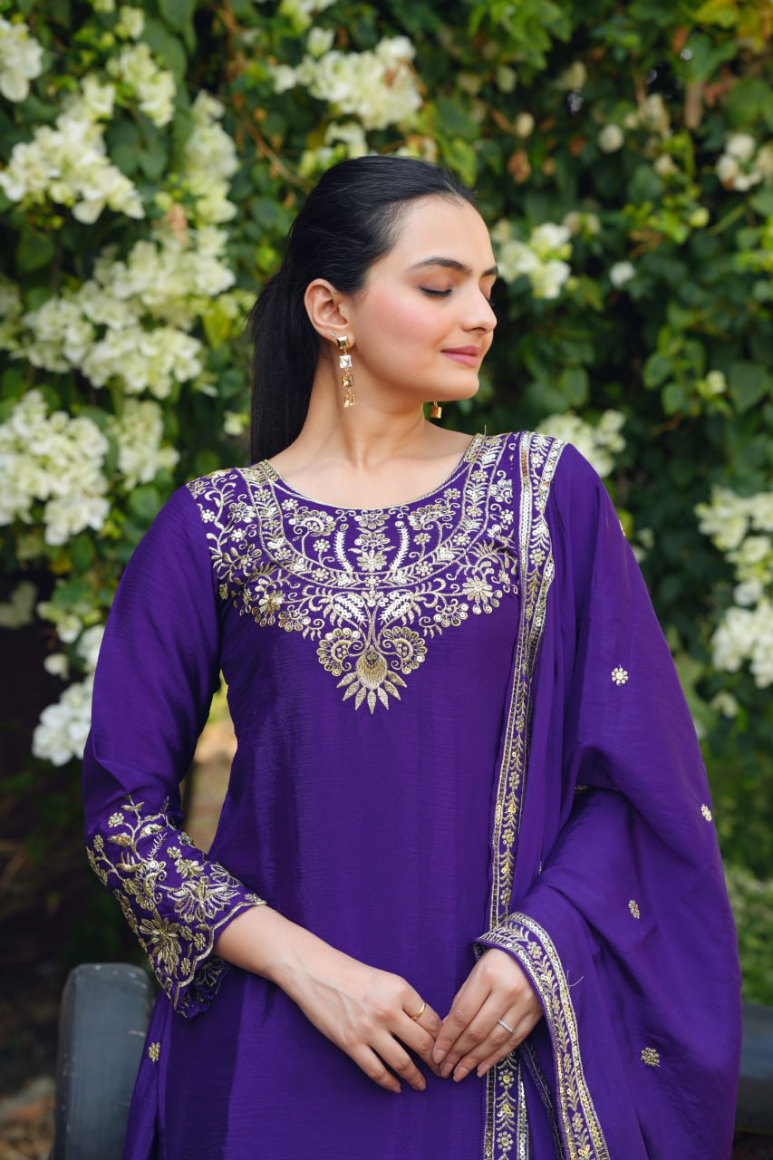 Prazu Fashion Royal Purple Chinon Silk Sequin Embroidered Sharara Suit - Distacart