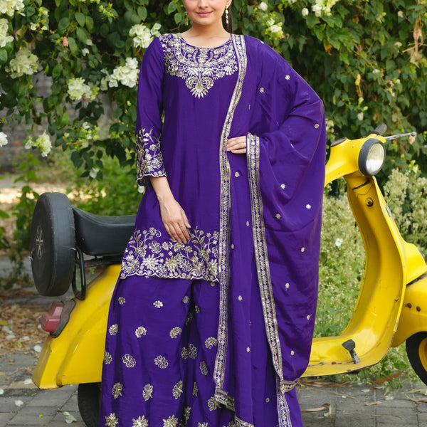 Prazu Fashion Royal Purple Chinon Silk Sequin Embroidered Sharara Suit - Distacart