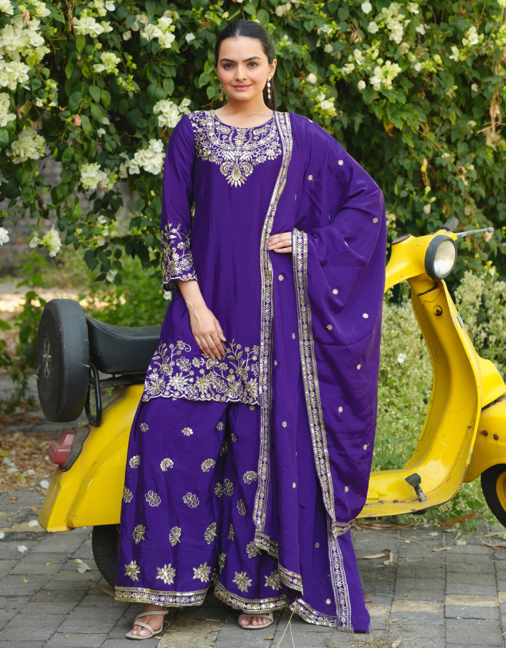 Prazu Fashion Royal Purple Chinon Silk Sequin Embroidered Sharara Suit