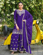 Thumbnail for Prazu Fashion Royal Purple Chinon Silk Sequin Embroidered Sharara Suit - Distacart