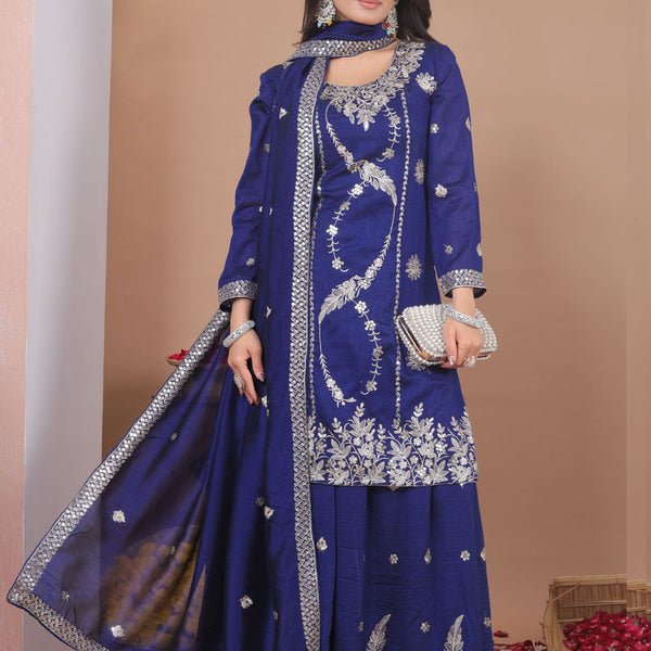 Prazu Fashion Blue Vichitra Silk Sequin Embroidered Sharara Suit - Distacart