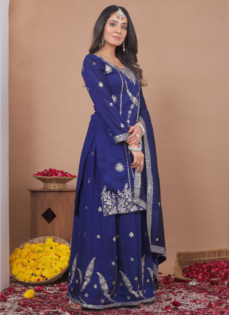 Prazu Fashion Blue Vichitra Silk Sequin Embroidered Sharara Suit - Distacart
