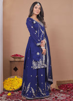 Thumbnail for Prazu Fashion Blue Vichitra Silk Sequin Embroidered Sharara Suit - Distacart
