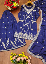 Thumbnail for Prazu Fashion Blue Vichitra Silk Sequin Embroidered Sharara Suit - Distacart