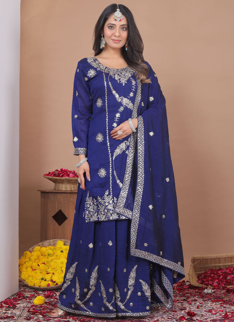 Prazu Fashion Blue Vichitra Silk Sequin Embroidered Sharara Suit - Distacart