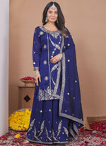 Thumbnail for Prazu Fashion Blue Vichitra Silk Sequin Embroidered Sharara Suit - Distacart