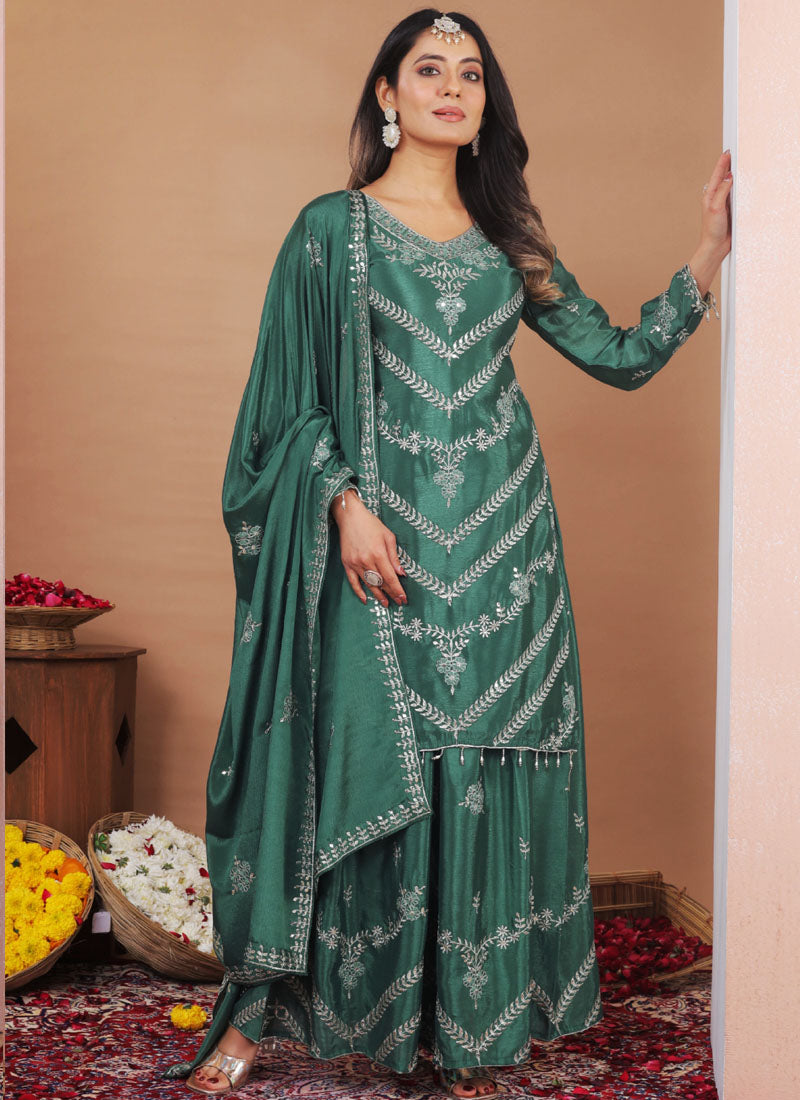 Prazu Fashion Sea Green Chinon Silk Sequin Embroidered Sharara Suit - Distacart
