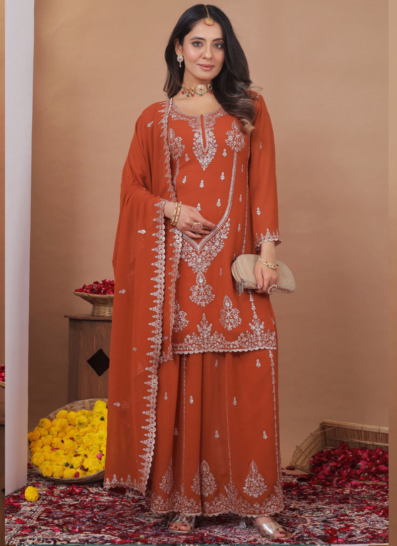 Prazu Fashion Rust Orange Georgette Sequence Embroidered Sharara Suit - Distacart