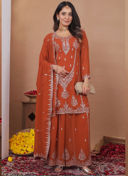 Prazu Fashion Rust Orange Georgette Sequence Embroidered Sharara Suit - Distacart