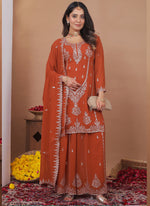Thumbnail for Prazu Fashion Rust Orange Georgette Sequence Embroidered Sharara Suit - Distacart