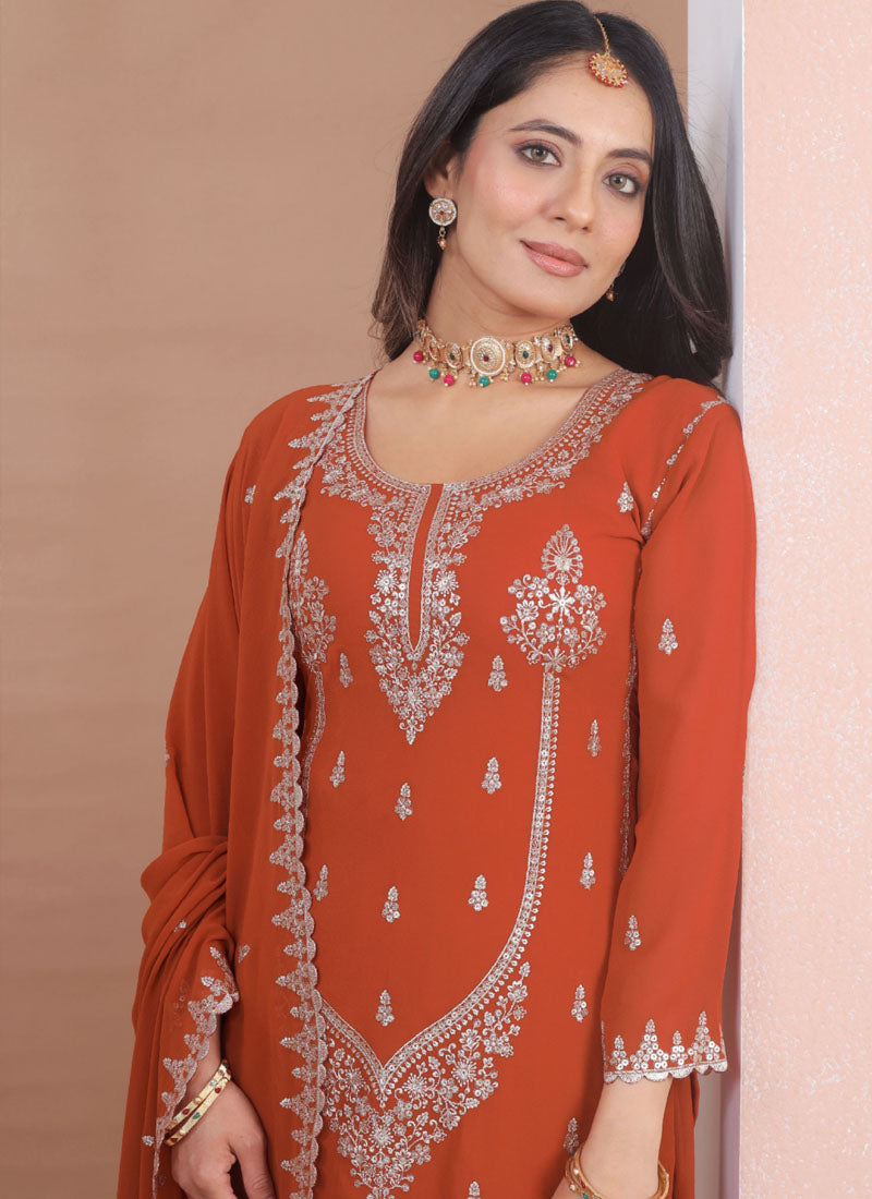 Prazu Fashion Rust Orange Georgette Sequence Embroidered Sharara Suit - Distacart
