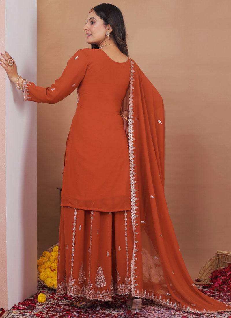 Prazu Fashion Rust Orange Georgette Sequence Embroidered Sharara Suit - Distacart