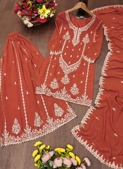 Prazu Fashion Rust Orange Georgette Sequence Embroidered Sharara Suit - Distacart