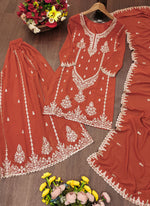 Thumbnail for Prazu Fashion Rust Orange Georgette Sequence Embroidered Sharara Suit - Distacart
