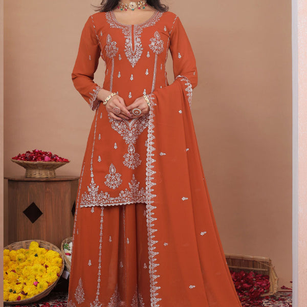 Prazu Fashion Rust Orange Georgette Sequence Embroidered Sharara Suit - Distacart