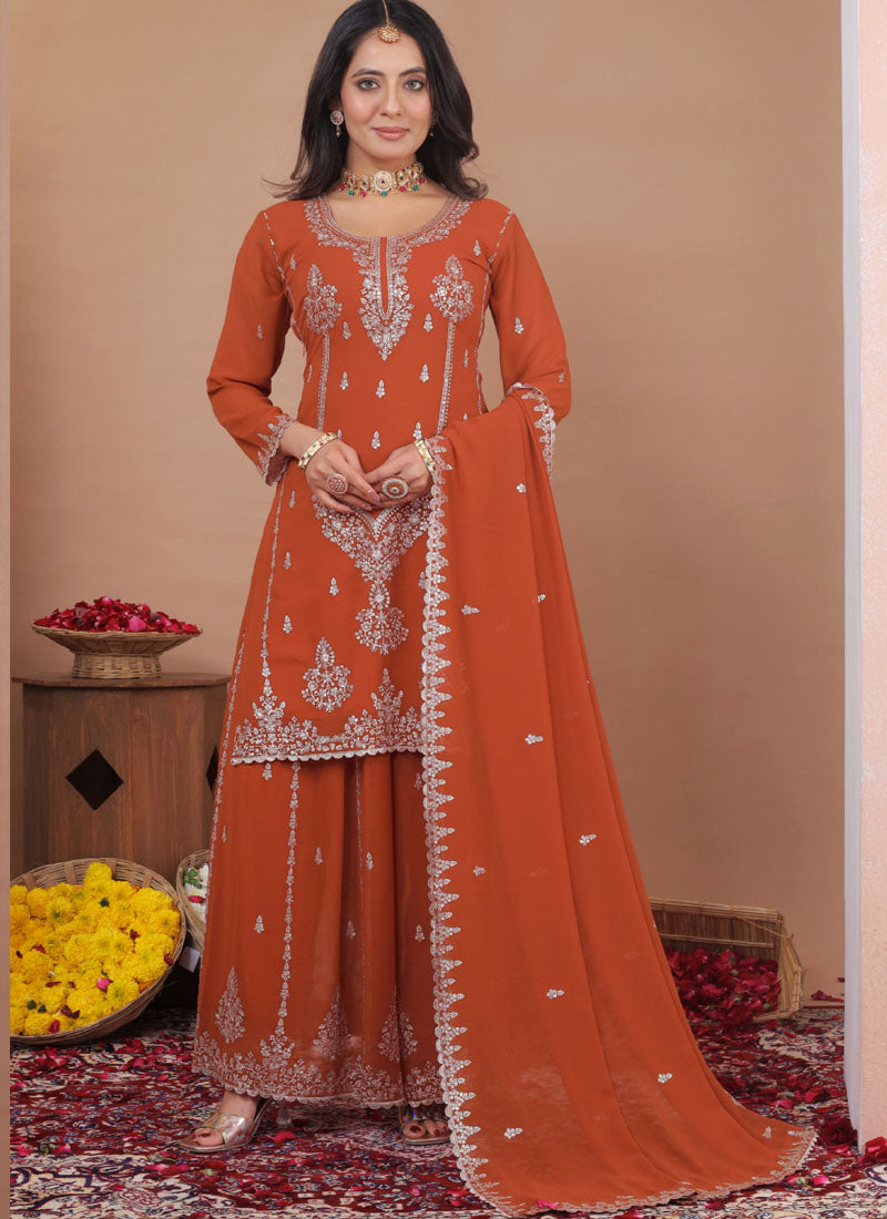Prazu Fashion Rust Orange Georgette Sequence Embroidered Sharara Suit - Distacart