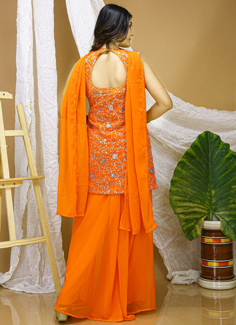Prazu Fashion Orange Georgette Sequin Embroidered Sharara Suit - Distacart