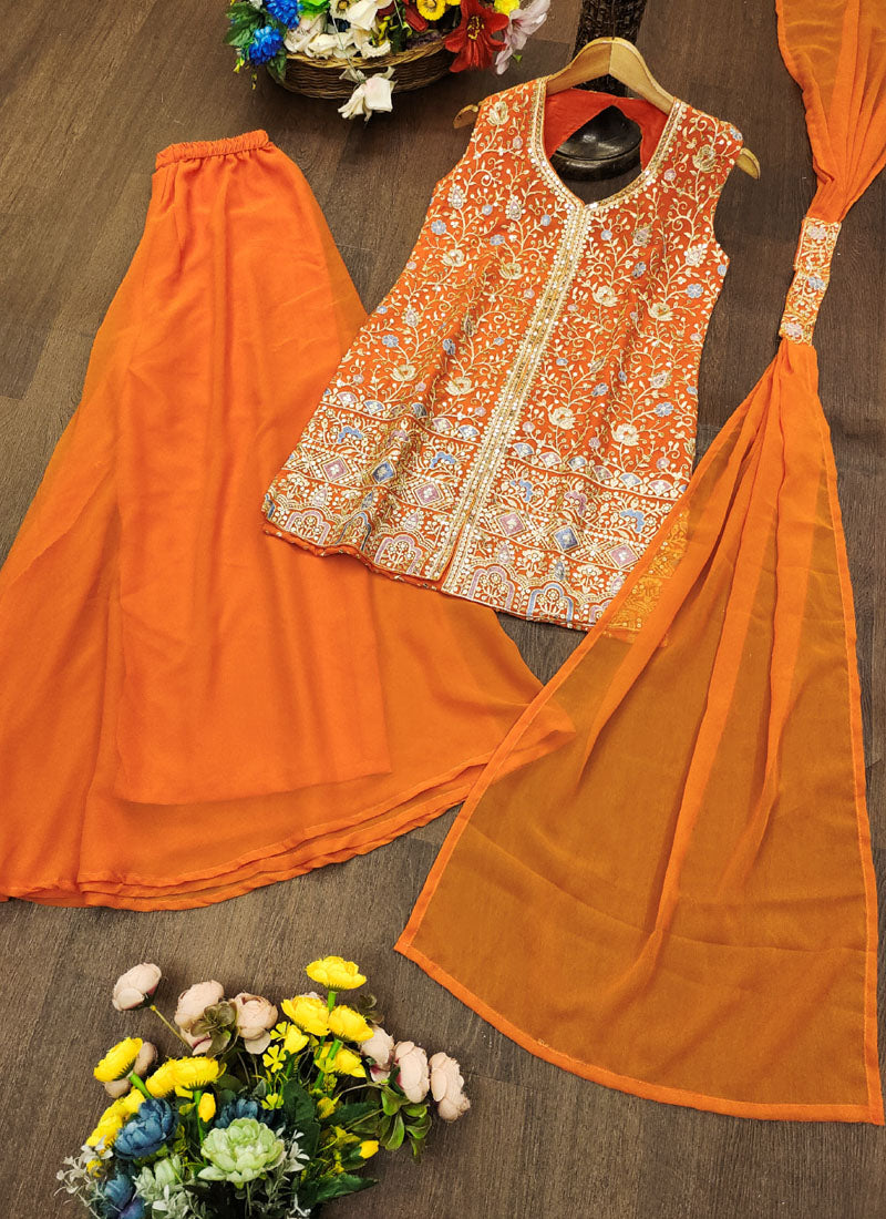 Prazu Fashion Orange Georgette Sequin Embroidered Sharara Suit - Distacart