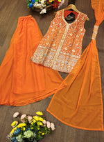 Thumbnail for Prazu Fashion Orange Georgette Sequin Embroidered Sharara Suit - Distacart