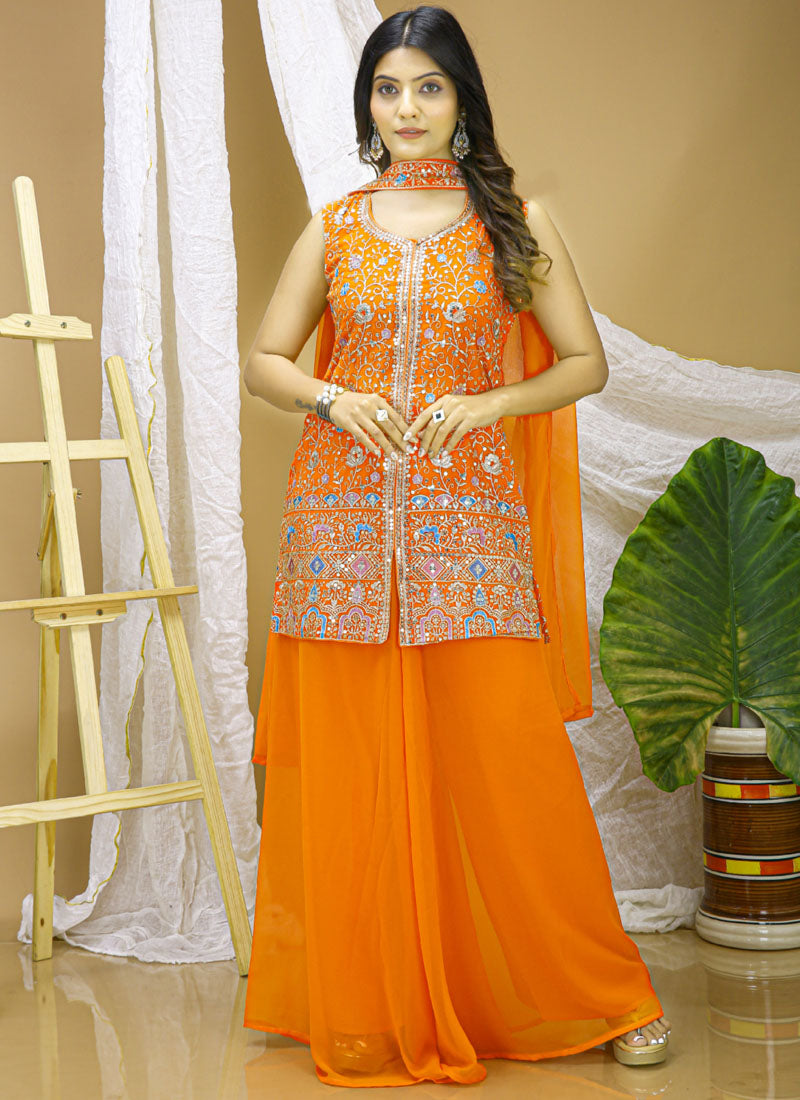 Prazu Fashion Orange Georgette Sequin Embroidered Sharara Suit - Distacart