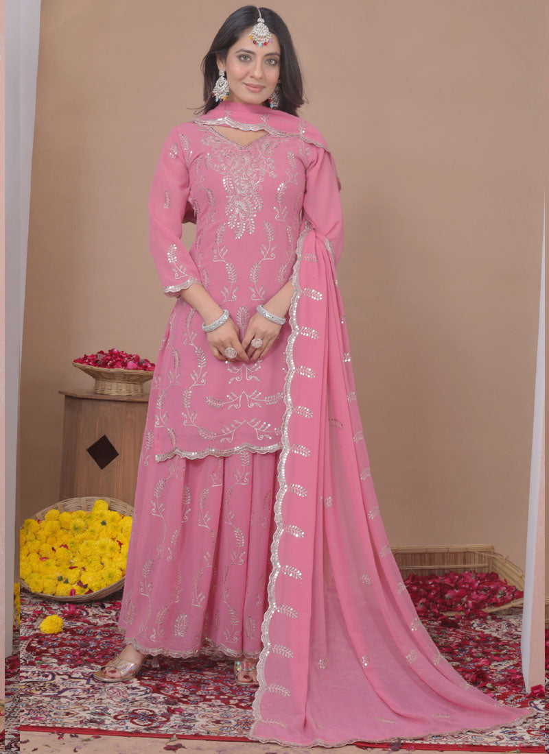 Prazu Fashion Light Pink Georgette Sequin Embroidered Sharara Suit - Distacart