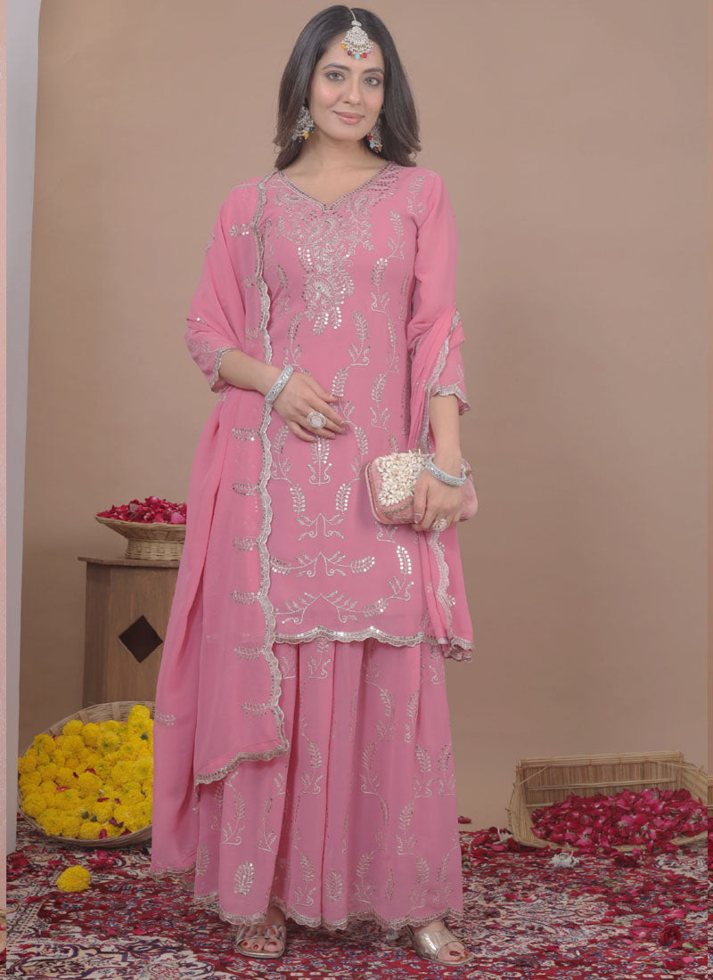 Prazu Fashion Light Pink Georgette Sequin Embroidered Sharara Suit - Distacart