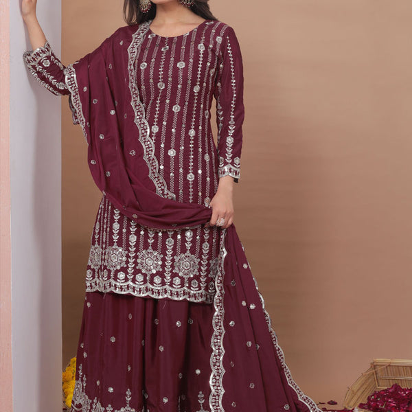 Prazu Fashion Brown Crepe Silk Sequin Embroidered Sharara Suit - Distacart