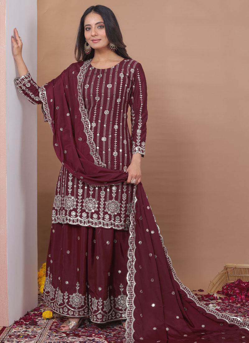 Prazu Fashion Brown Crepe Silk Sequin Embroidered Sharara Suit - Distacart