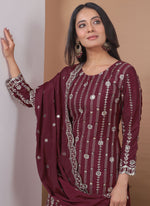 Thumbnail for Prazu Fashion Brown Crepe Silk Sequin Embroidered Sharara Suit - Distacart
