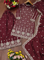 Thumbnail for Prazu Fashion Brown Crepe Silk Sequin Embroidered Sharara Suit - Distacart