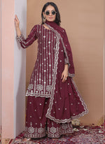 Thumbnail for Prazu Fashion Brown Crepe Silk Sequin Embroidered Sharara Suit - Distacart