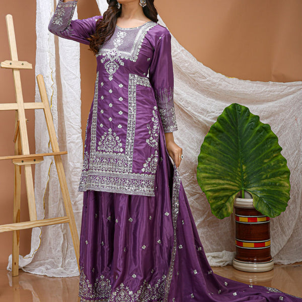 Prazu Fashion Lavender Crepe Silk Sequin Embroidered Sharara Suit - Distacart