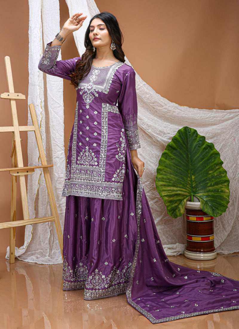 Prazu Fashion Lavender Crepe Silk Sequin Embroidered Sharara Suit - Distacart