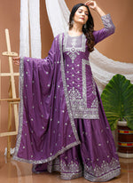 Thumbnail for Prazu Fashion Lavender Crepe Silk Sequin Embroidered Sharara Suit - Distacart