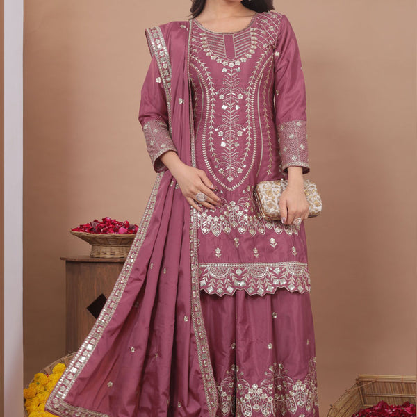Prazu Fashion Onion Pink Crepe Silk Sequin Embroidered Sharara Suit - Distacart