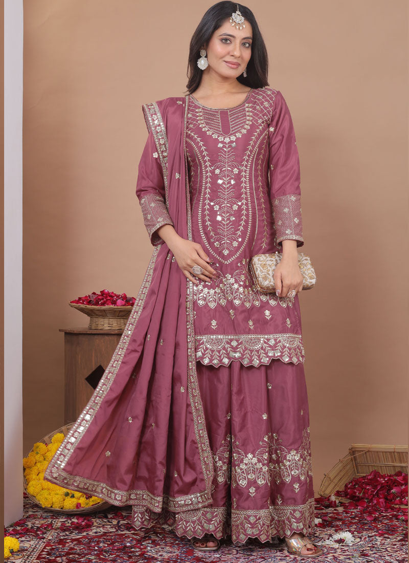 Prazu Fashion Onion Pink Crepe Silk Sequin Embroidered Sharara Suit - Distacart