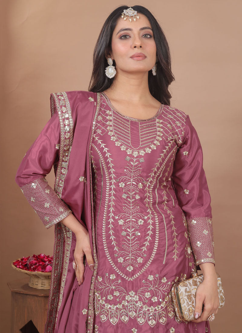 Prazu Fashion Onion Pink Crepe Silk Sequin Embroidered Sharara Suit - Distacart